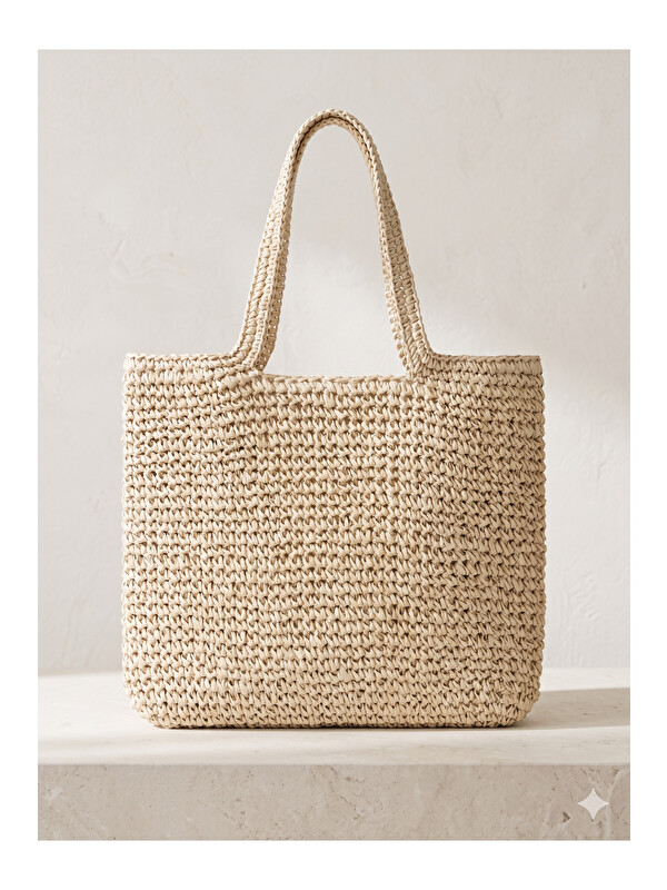 Luminos Butik Bej Hasır Çanta 37x43 CNT1021