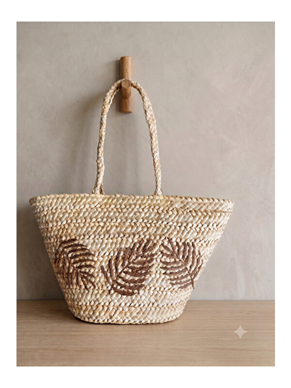 Luminos Butik Bej Yaprak Desenli Hasır Çanta 30x40 CNT1204