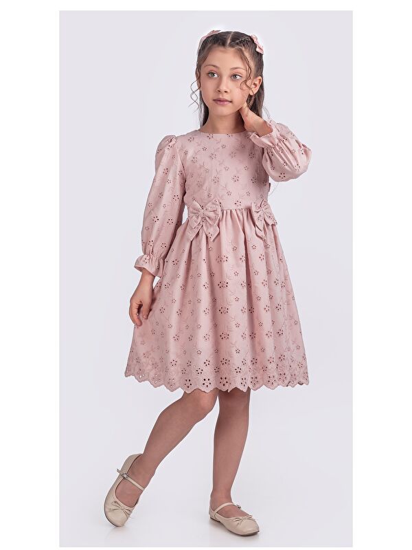 Pina Kids Kız Çocuk Uzun Kollu Kolları Lastikli Gupürlü Kurdele Detaylı Elbise ELB.2774