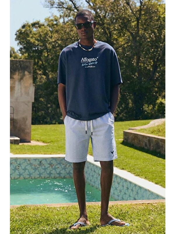 Comstar Erkek Relax Fit Beli Lastikli Çizgili Mavi Jogger Şort