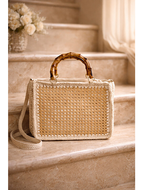 Luminos Butik El Yapımı Rattan Örgü Çanta – Bambu Kulplu Doğal Yazlık Model 26x33 Cm CNT1046