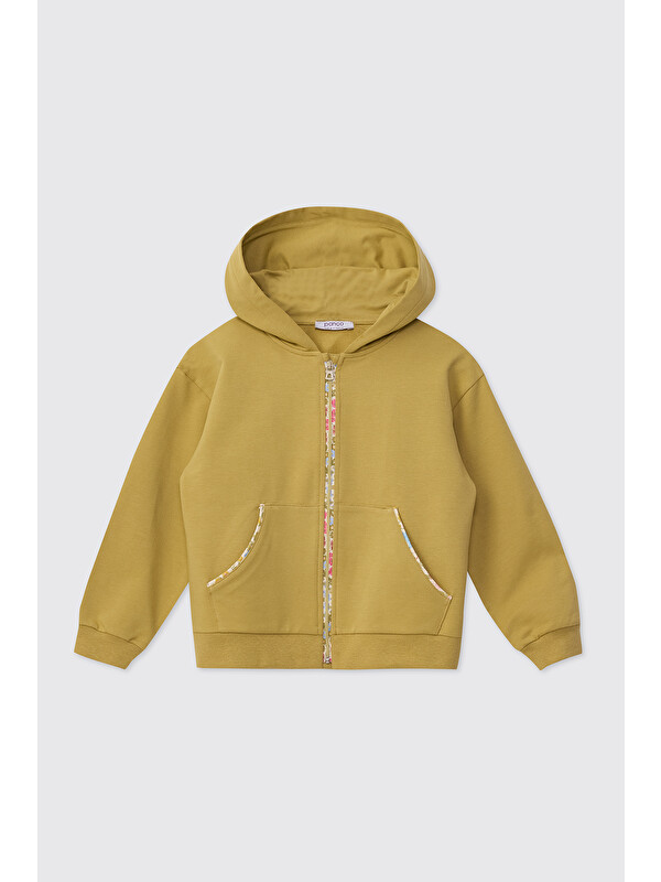 Panço Kız Çocuk Kapüşonlu Fermuarlı Açık Yağ Yeşili Sweatshirt