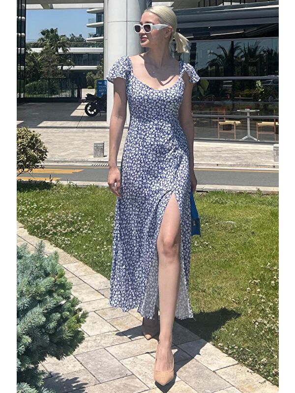 Madmext Saks Desenli Yırtmaçlı Uzun Elbise Mg2004