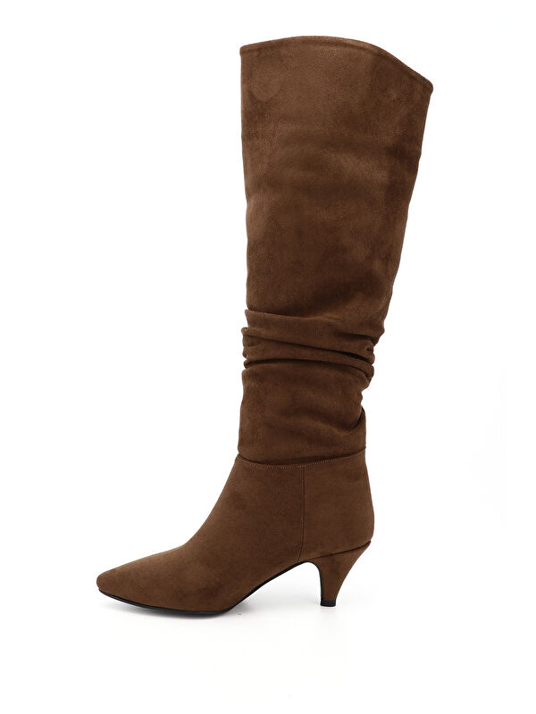 Kadın AÇIK KAHVERENGİ Sivri Burun Körüklü Diz Üstü İnce Topuklu Çizme - Görsel 4