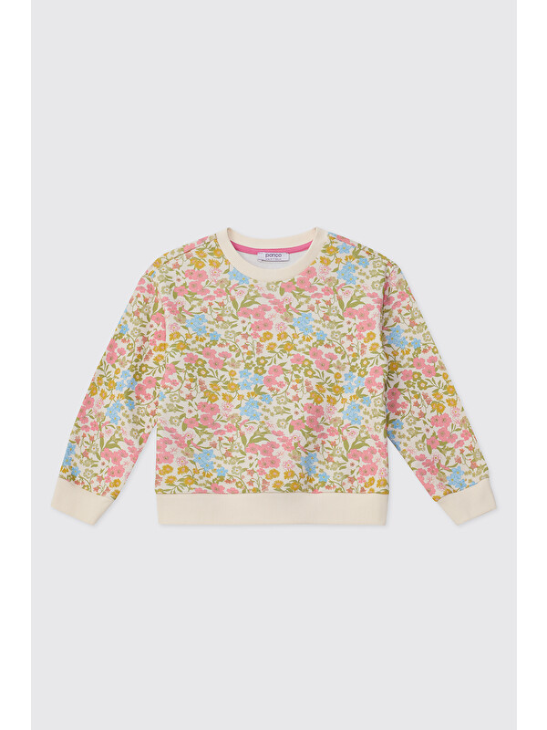 Panço Kız Çocuk Çiçek Desenli Pembe Sweatshirt