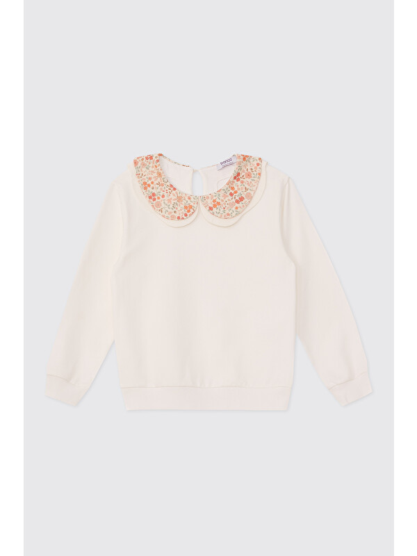 Panço Kız Çocuk Yakalı Yumuşak Dokulu Ekru Sweatshirt