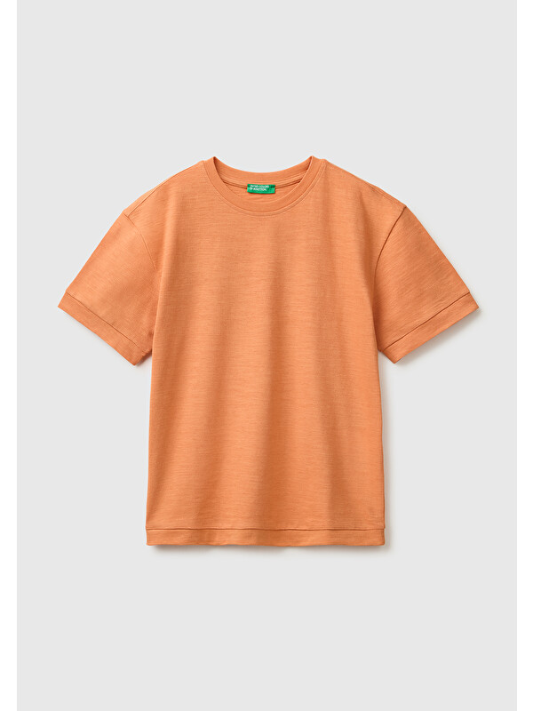 United Colors Of Benetton Erkek Çocuk Turuncu Önü Baskı Detaylı Bisiklet Yaka T-Shirt