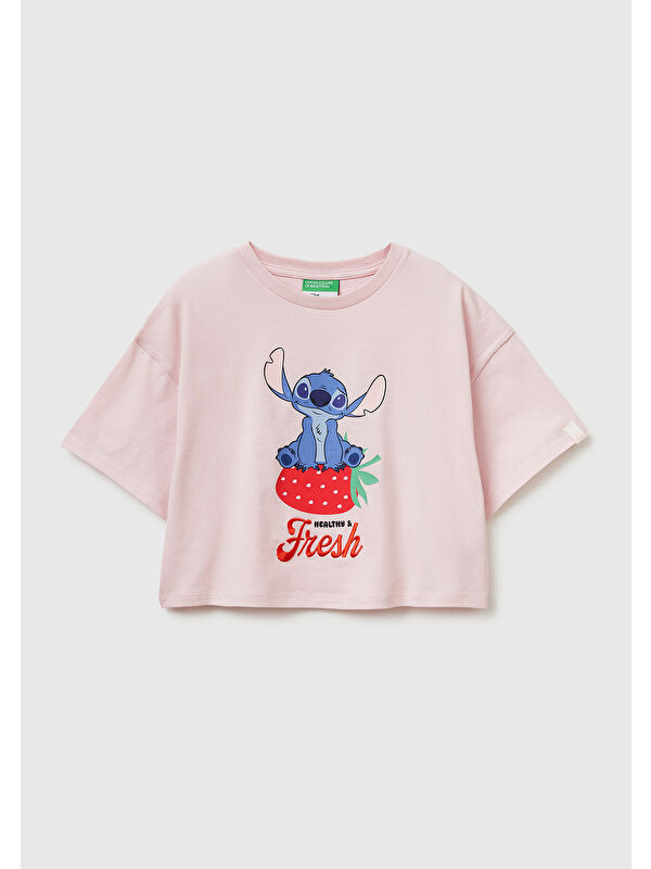 United Colors Of Benetton Kız Çocuk Toz Pembe Su Bazlı Baskılı İşlemeli Kolu Logo Detaylı Boxy Fit T-Shirt