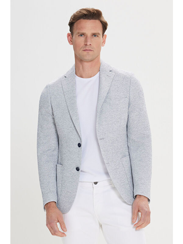 Altınyıldız Classics Erkek İndigo Slim Fit Dar Kesim Mono Yaka Desenli Blazer Ceket