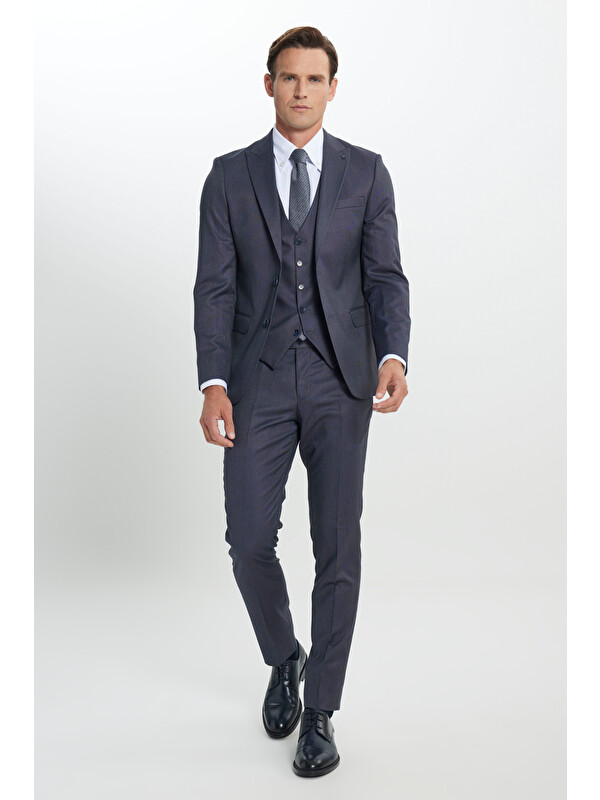Altınyıldız Classics Erkek Mavi Ekstra Slim Fit Dar Kesim Desenli Yelekli Takım Elbise