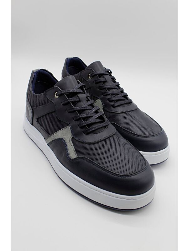 Koyu Lacivert Hakiki Deri Garnili Bağcıklı Casual Ayakkabı 1033240170 - Görsel 3