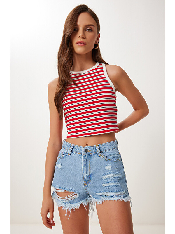 Happiness İstanbul Yırtık Mini Denim Şort AÇIK MAVİ LCR0085
