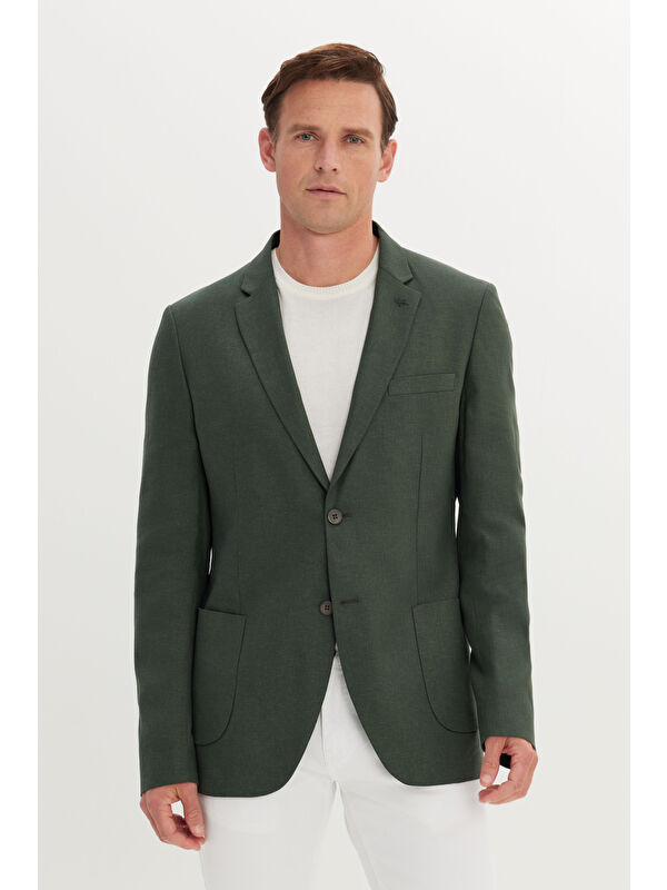 AC&Co / Altınyıldız Classics Erkek Haki Keten Slim Fit Dar Kesim Mono Yaka Torba Cepli Ceket