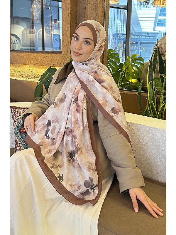 Lamelif Batik Çiçek Desen Bambu Şal Sütlü Kahve