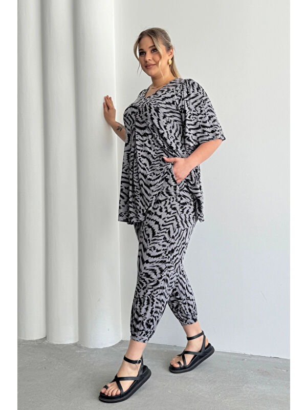 Stil Diva Büyük Beden Beli ve Paçası Lastikli Cepli Desenli Şalvar Pantolon 99-3