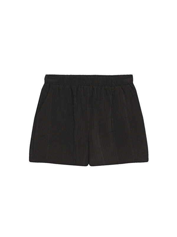 QUZU Beli Lastikli Dokulu Mini Şort Siyah