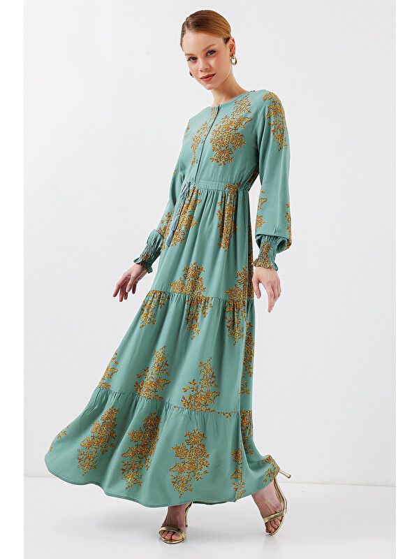 Bigdart 2145 Desenli Tesettür Elbise - Mint