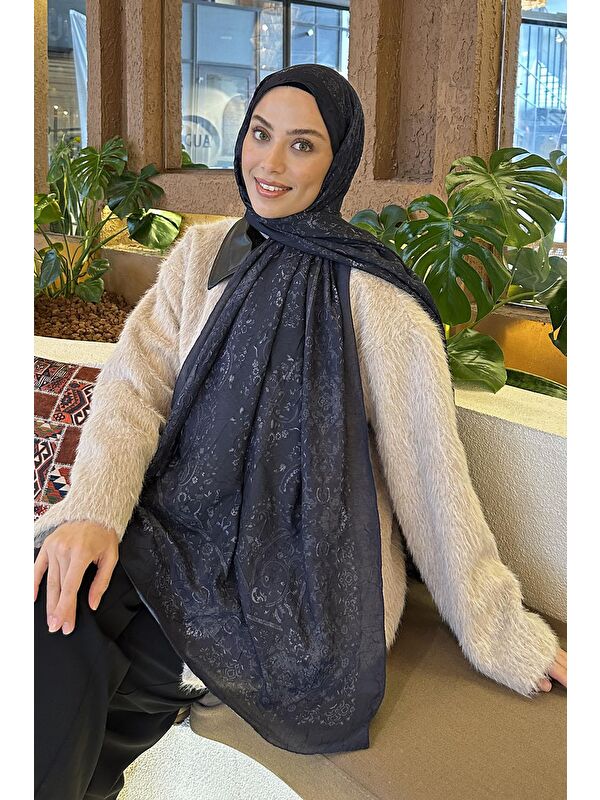 Lamelif Retro Desen Bambu Şal Lacivert