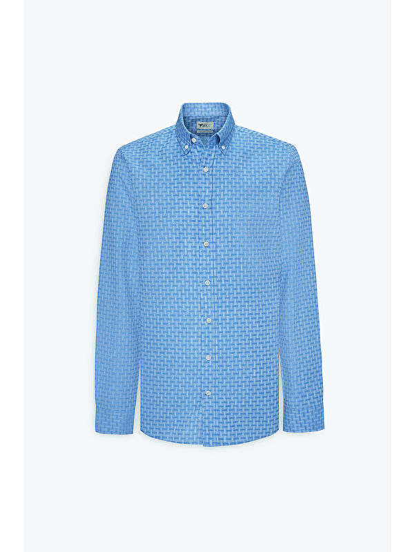 AC&Co / Altınyıldız Classics Erkek Mavi %100 Pamuk Slim Fit Dar Kesim Düğmeli Yaka Armürlü Gömlek