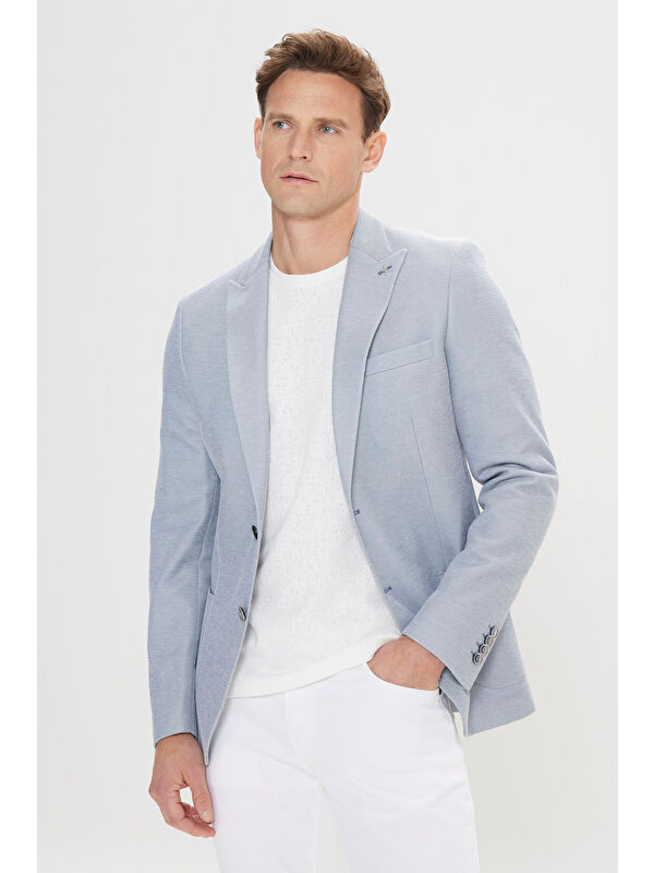 AC&Co / Altınyıldız Classics Erkek Mavi Pamuklu Slim Fit Dar Kesim Kırlangıç Yaka Torba Cepli Ceket