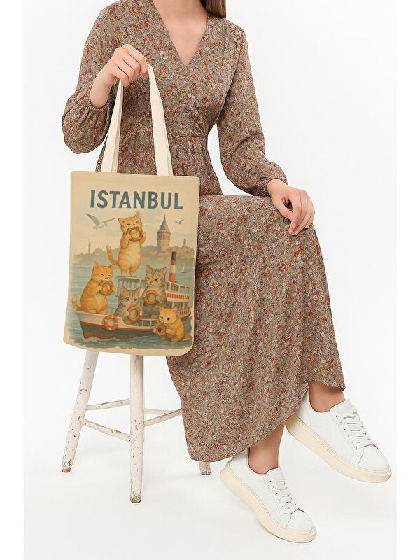 Bagg Kanvas Simit Yiyen Kediler Baskılı Bez Çanta