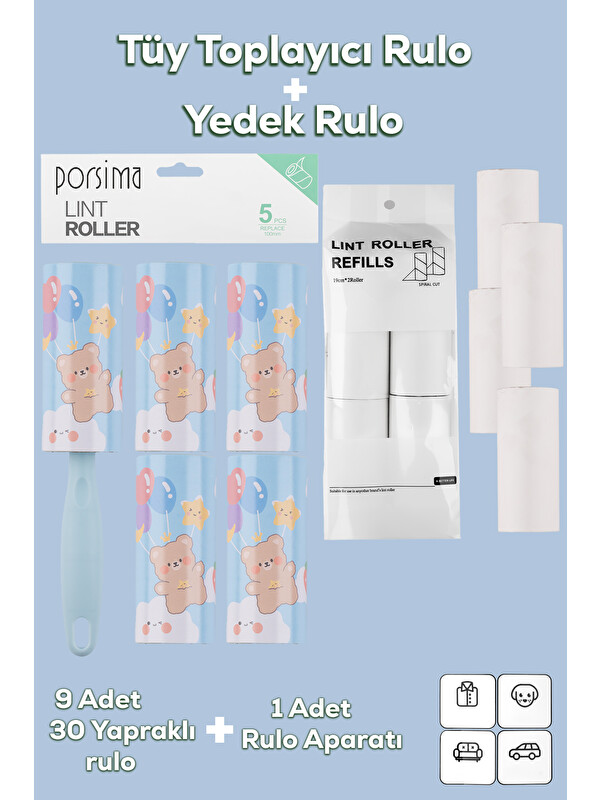 Porsima 3105 Kedi Köpek Tüy Toplayıcı Rulo + 8 Adet Yedek Rulo Mavi