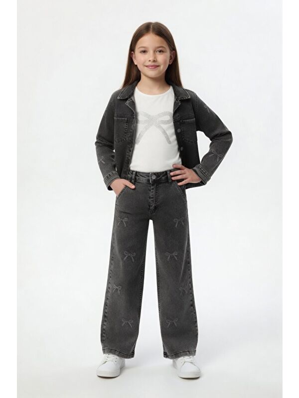 Cansın Mini Siyah Fiyonk Desenli Jean Ceketli Pantolonlu Kız Çocuk Badili 3lü Takım 24130