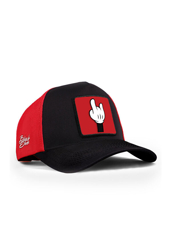 BlackBörk Parmak Logolu Siyah-Kırmızı Trucker Şapka