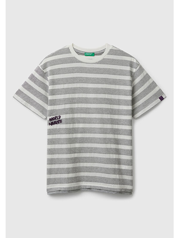 United Colors Of Benetton Erkek Çocuk Gri Çizgili Önü Yazı Detaylı Kolu Logo Etiketli Oversize T-shirt