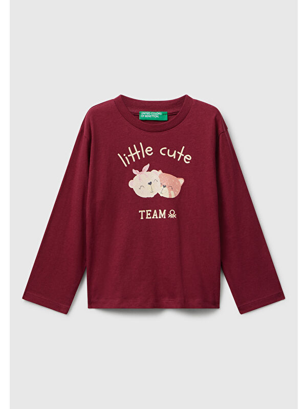 United Colors Of Benetton Kız Çocuk Bordo Önü Parıltılı Baskılı Bisiklet Yaka Uzun Kollu T-shirt