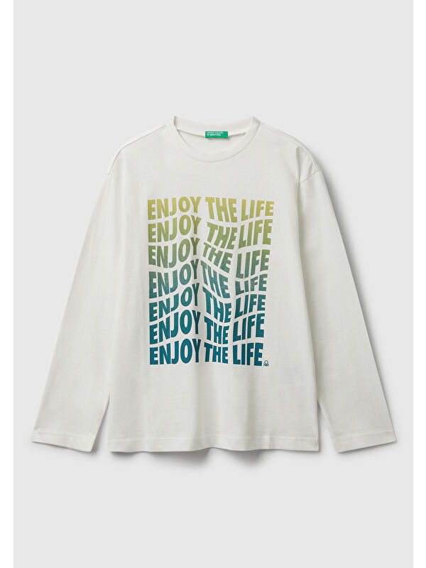 United Colors Of Benetton Erkek Çocuk Ekru Önü Baskılı Bisiklet Yaka Uzun Kollu Jarse T-shirt