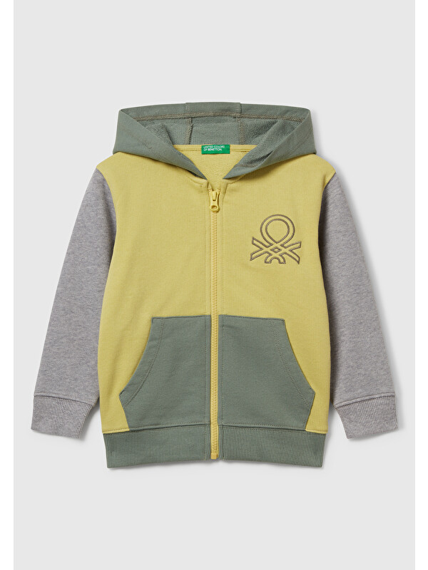 United Colors Of Benetton Erkek Çocuk Sarı-Gri Önü Logo Baskılı Fermuarlı Kapüşonlu Sweatshirt