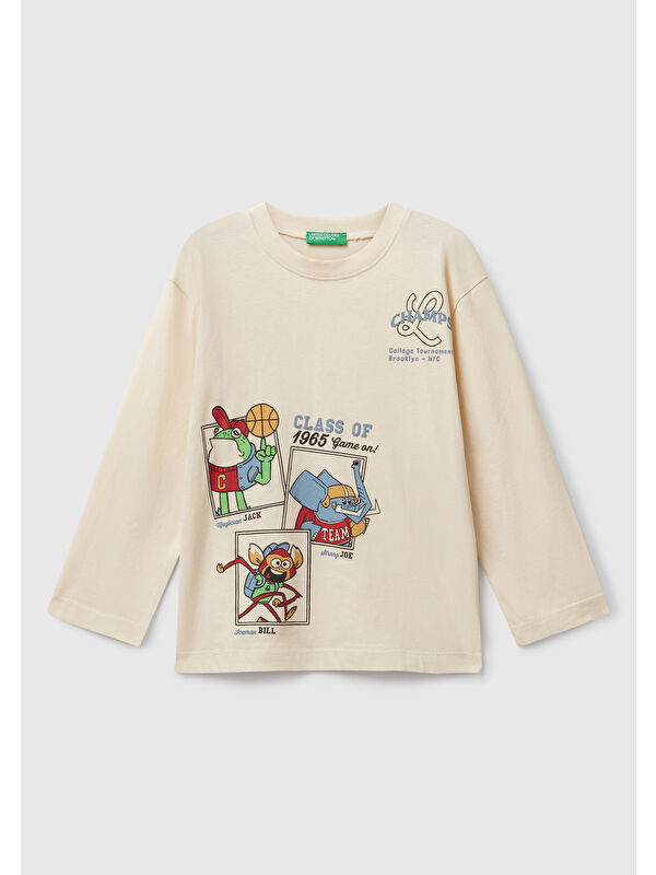 United Colors Of Benetton Erkek Çocuk Krem Baskılı Bisiklet Yaka Uzun Kollu T-shirt