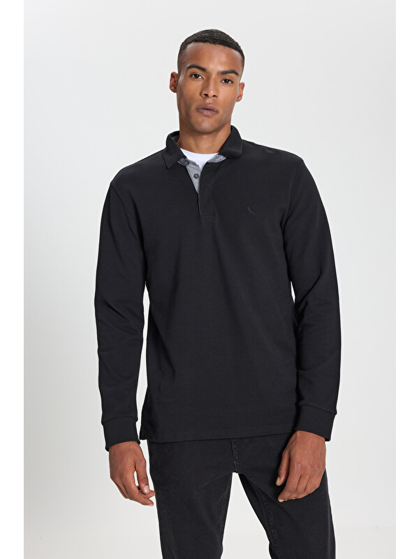Altınyıldız Classics Erkek Siyah %100 Pamuk Slim Fit Dar Kesim Polo Yaka Uzun Kollu Tişört
