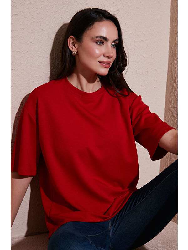 Lela Streç Oversize Fit Bisiklet Yaka Kadın T Shirt 5865911