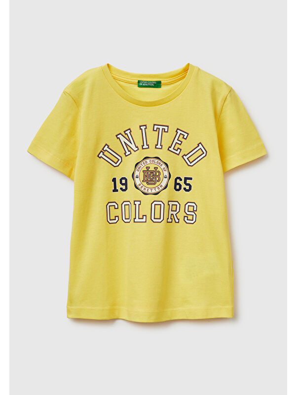 United Colors Of Benetton Erkek Çocuk Sarı Önü Logo Baskılı Yuvarlak Yaka T-Shirt