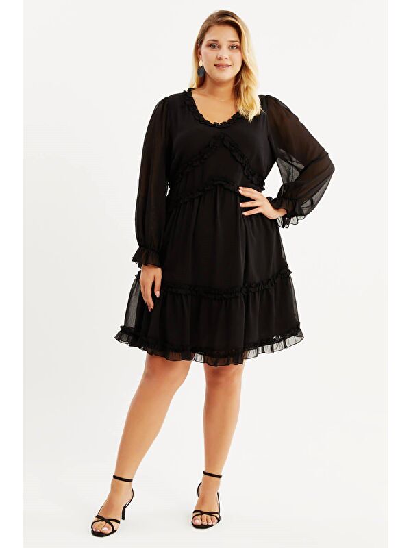 Mylinemoda Astarlı Şifon Fırfırlı Elbise