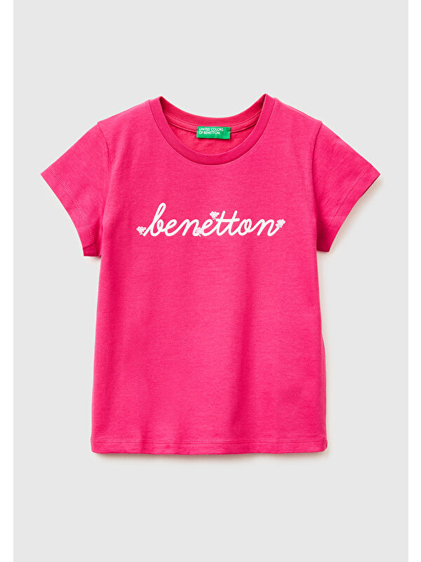 United Colors Of Benetton Kız Çocuk Koyu Pembe Simli Grafik Baskılı Kısa Kollu Ribanalı Yaka T-Shirt