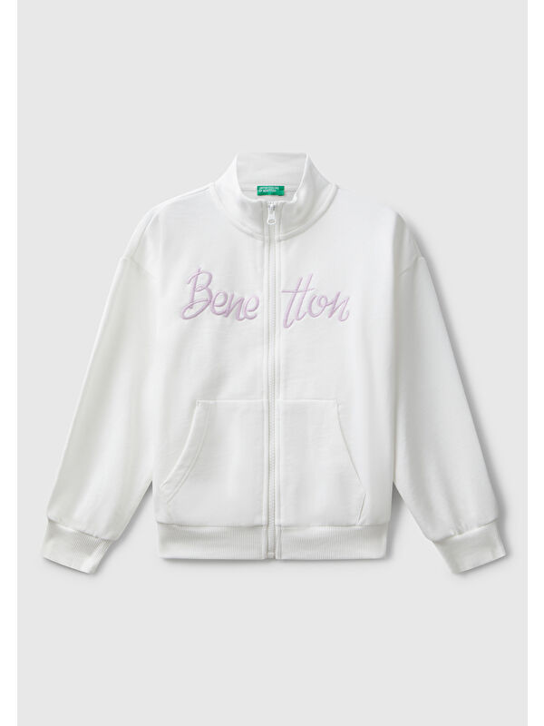 United Colors Of Benetton Kız Çocuk Ekru Önü Logo Nakışlı Cepli Fermuarlı Dik Yaka Sweatshirt