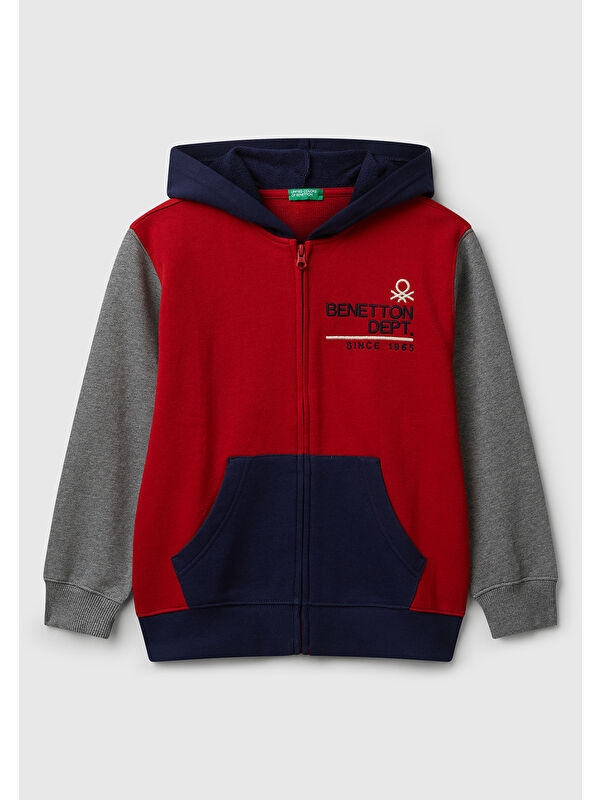 United Colors Of Benetton Erkek Çocuk Kırmızı-Gri Önü Logo Detaylı Fermuarlı Kapüşonlu Sweatshirt