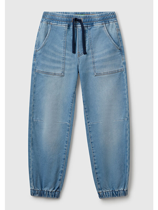 United Colors Of Benetton Erkek Çocuk Açık Mavi Logo Detaylı Büzgü İpli Denim Jogger Pantolon