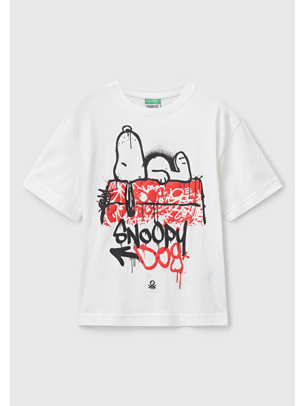 United Colors Of Benetton Erkek Çocuk Ekru Çok Renkli Peanuts Baskılı Kolu Logo Etiketli Comfort Fit T-shirt