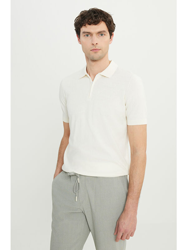 AC&Co / Altınyıldız Classics Erkek Ekru %100 Pamuk Standart Fit Normal Kesim Polo Yaka Triko Tişört