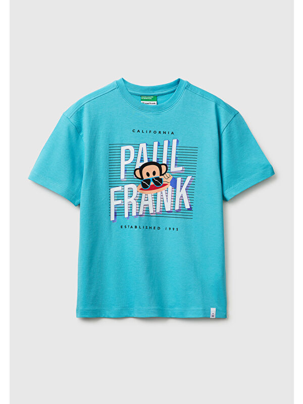 United Colors Of Benetton Erkek Çocuk Açık Mavi Önü ve Arkası Baskılı Etek Ucu Logolu Bisiklet Yaka T-Shirt