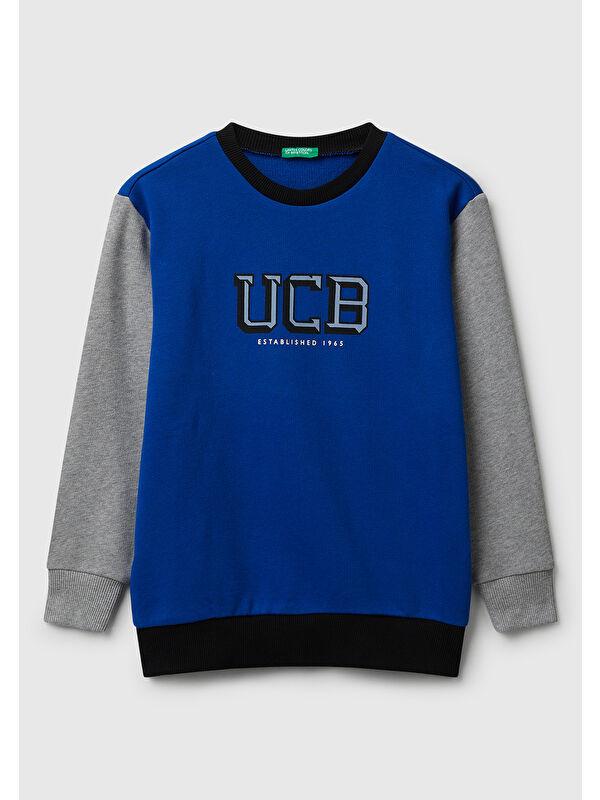 United Colors Of Benetton Erkek Çocuk Mavi-Gri Önü Logo Baskılı Bisiklet Yaka Regular Fit Sweatshirt