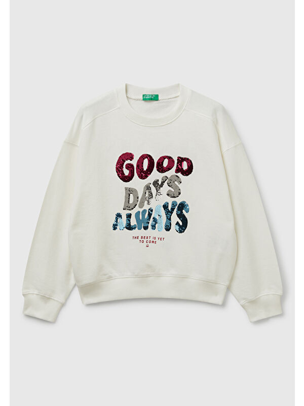 United Colors Of Benetton Kız Çocuk Ekru Önü Payetli Baskılı Ribanalı Relaxed Fit Sweatshirt