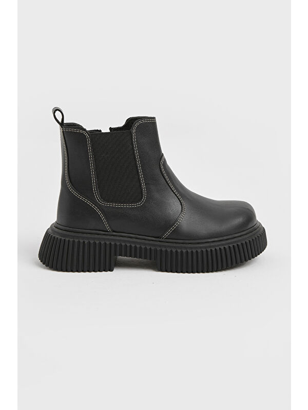 TONNY BLACK Çocuk Unisex Siyah Cilt Kalın Tırtıklı Termo Taban Fermuarlı Lastikli Chelsea Bot