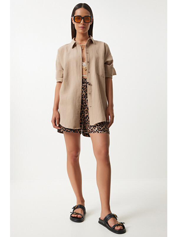Happiness İstanbul Oversize Basic Müslin Gömlek BEJ LMX0002