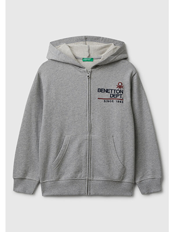 United Colors Of Benetton Erkek Çocuk Gri Melanj Önü Logo Detaylı Fermuarlı Kapüşonlu Sweatshirt