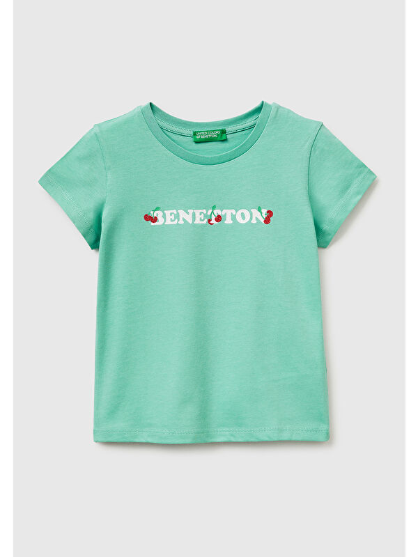 United Colors Of Benetton Kız Çocuk Mint Simli Grafik Baskılı Kısa Kollu Ribanalı Yaka T-Shirt